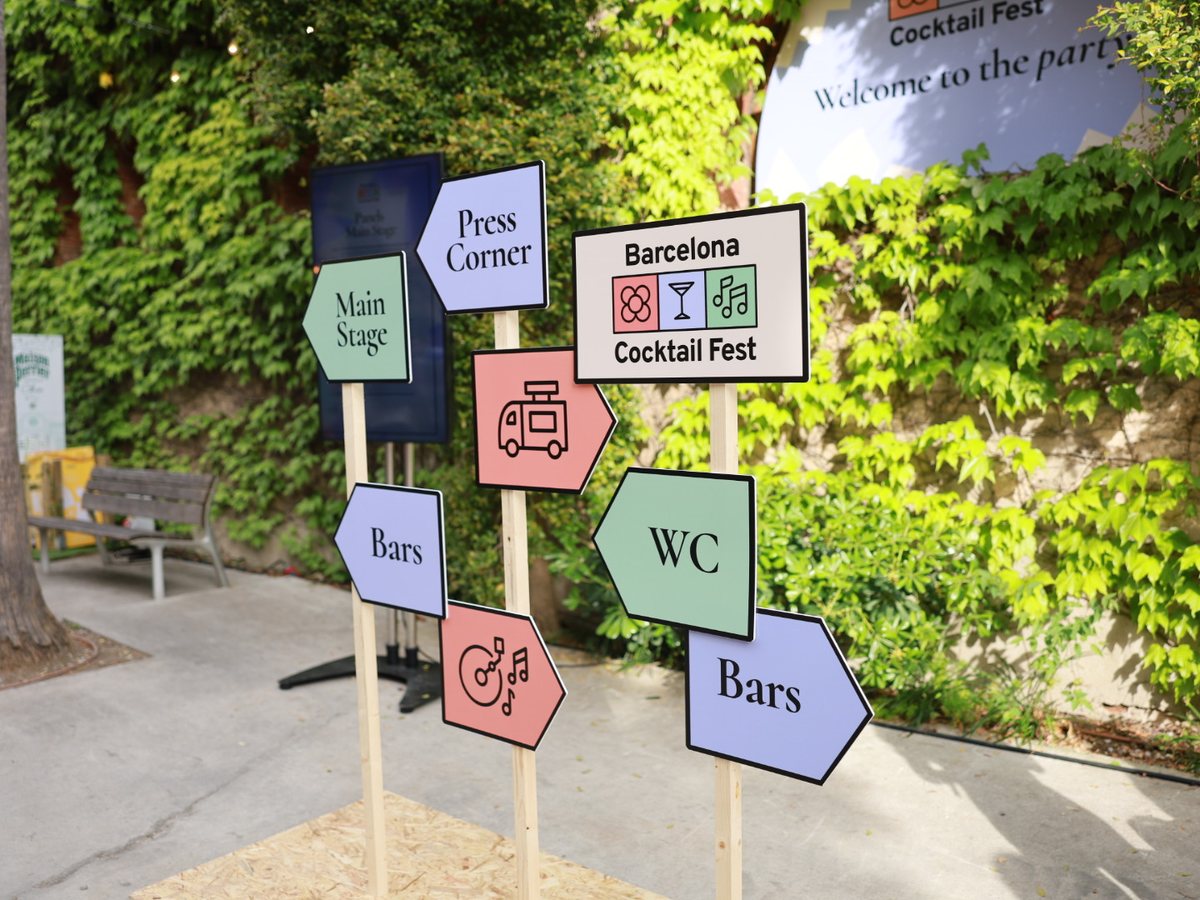 Festival wayfinding signs pointing to bars, the main stage and the press corner